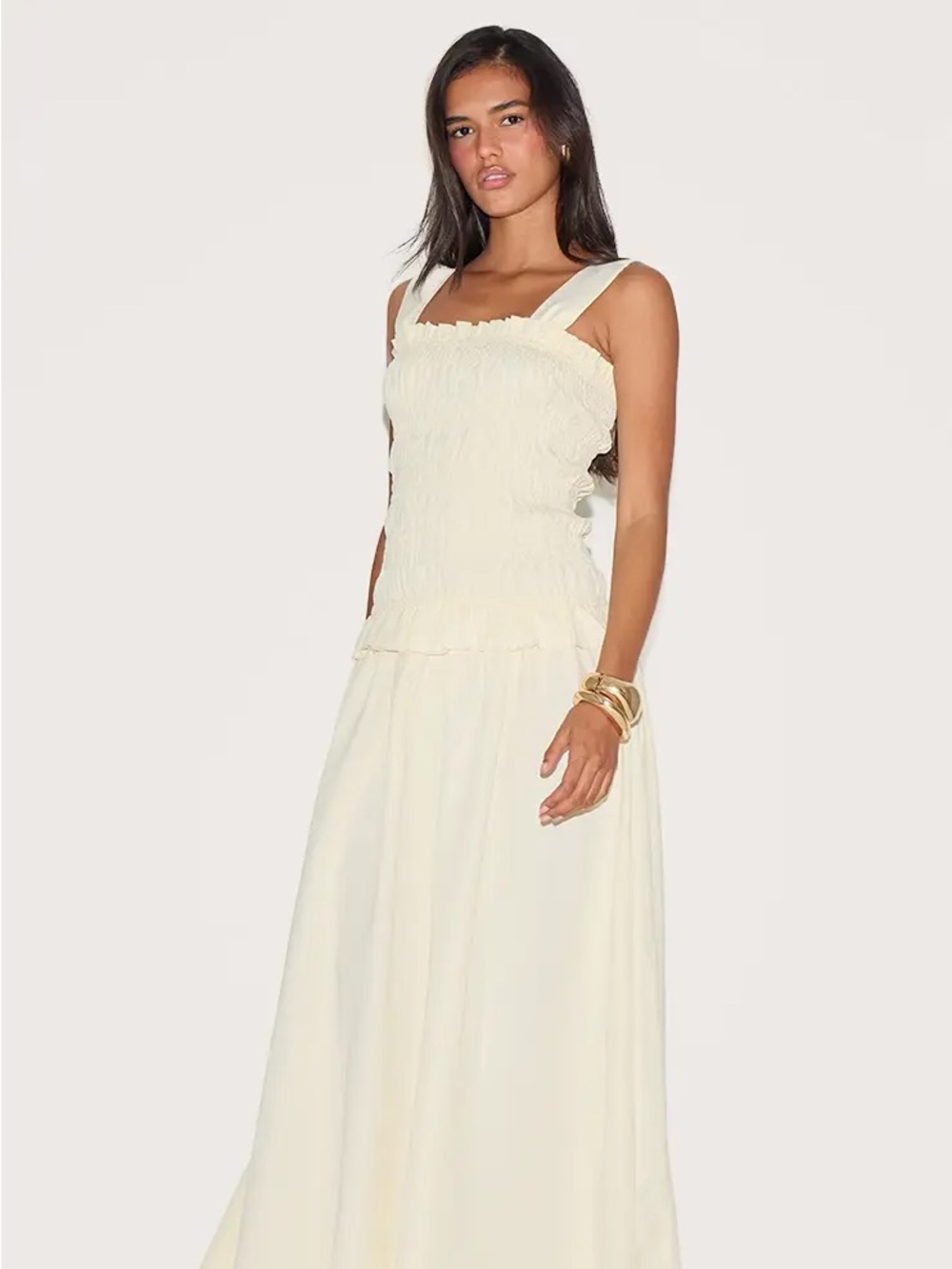 PrettyLittleThing Cream Smocked Ruffle Midi Dress